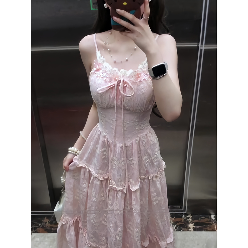 Stunning and Unique Spaghetti Strap Dress for Women, Summer Cherry Blossom Pink, Elaborate Floral Design, Long Style, Particularly Beautiful, Cinched Waist Mini Dress