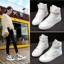 2018 spring and autumn new leather shoes flat high waist lace-up womens shoes Korean version of high school students high top leisure sports white shoes