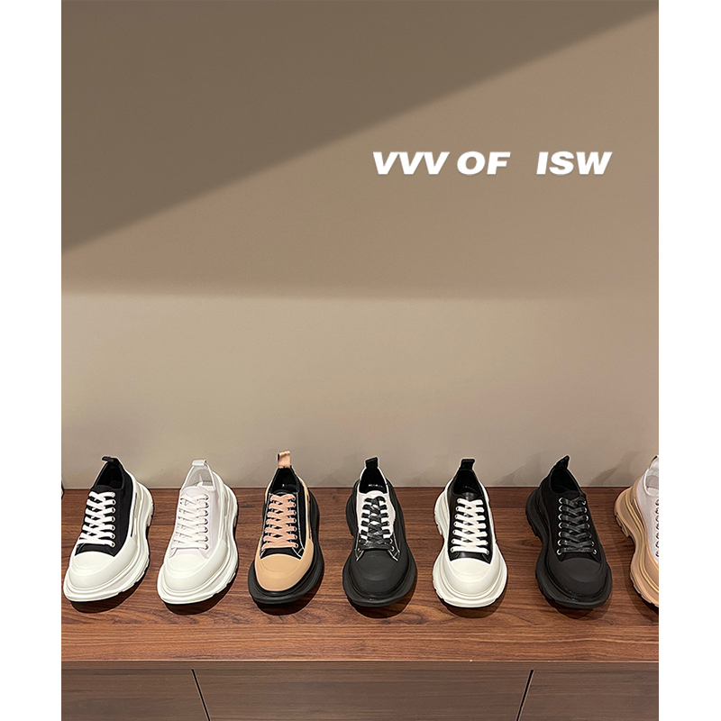 Vvv of Isw High-End Version of Mcqueen Genuine Leather White Sneakers for Women, Lace-Up Thick-Soled Canvas Shoes, Couple Style Dad Shoes
