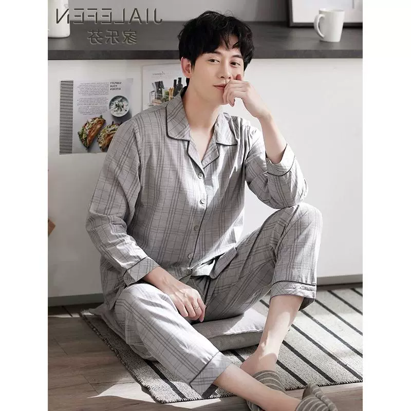 Bộ đồ ngủ vải cotton dệt thoi bán chạy cao cấp dành cho nam giới mùa xuân và mùa thu cotton tinh khiết dài tay mặc nhà cotton mùa xuân và mùa hè mỏng trung niên - Cặp đôi