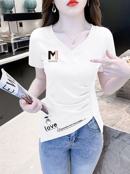 纯棉短袖V领t恤女夏季2025年新款时尚小衫不规则修身上衣女设计感