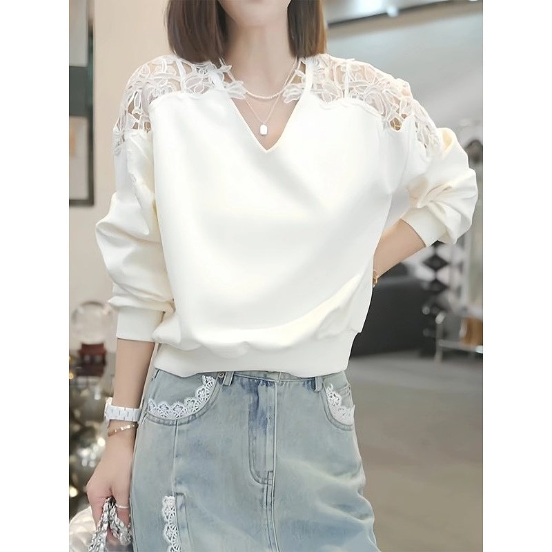 2025 весенний новый модный повседневный свитер с V-образным вырезом и кружевной строчкой, женский свитер в корейском стиле, уменьшающий возраст, тонкая темпераментная рубашка