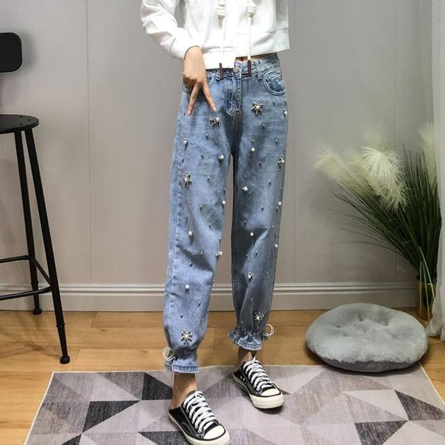 2022 summer new casual beaded jeans women's loose and thin high waist corset pants small feet harem hip hop pants