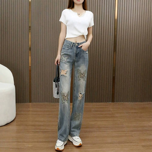 Летние тонкие джинсы, штаны, с вышивкой, высокая талия, свободный прямой крой