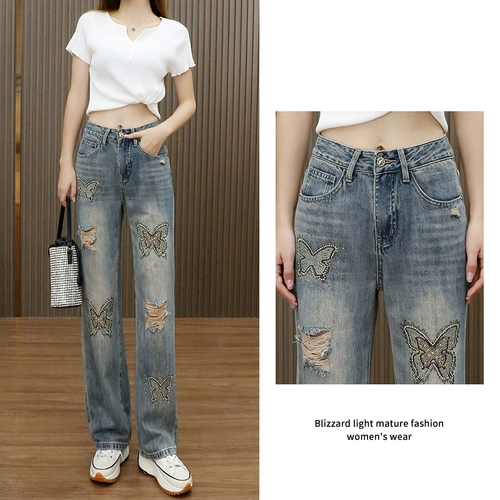 Летние тонкие джинсы, штаны, с вышивкой, высокая талия, свободный прямой крой