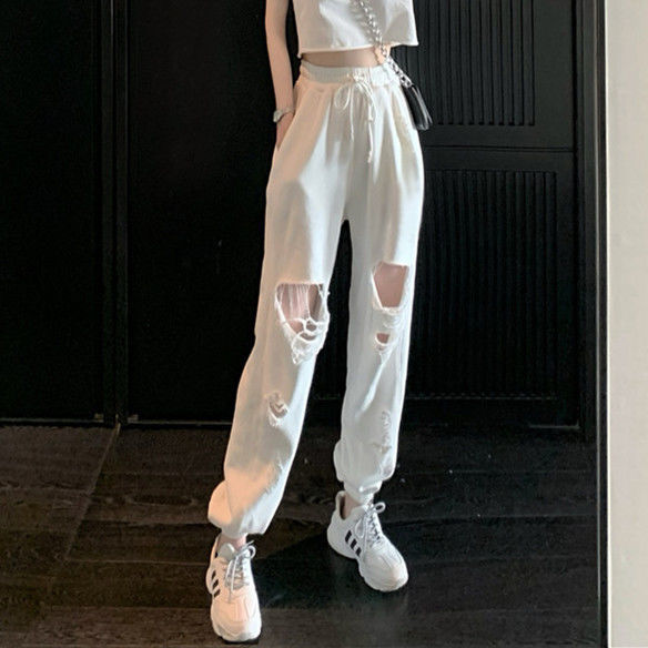 Casual Sports Pants for Women, Plus Size, Loose Fit, Jogger Pants, 2023 Summer Korean Style, New Slimming High-Waisted Ripped Pants, Trendy