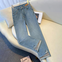 Retro new Chinese style straight jeans for women spring and summer 2024 new style spliced ​​nine-point pants embroidered national style cigarette pants