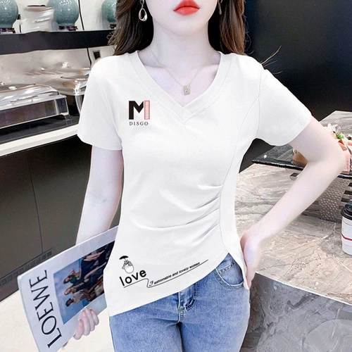 Хлопковая летняя небольшая дизайнерская футболка, V-образный вырез, 2024 года, городской стиль, облегающий крой, тренд сезона