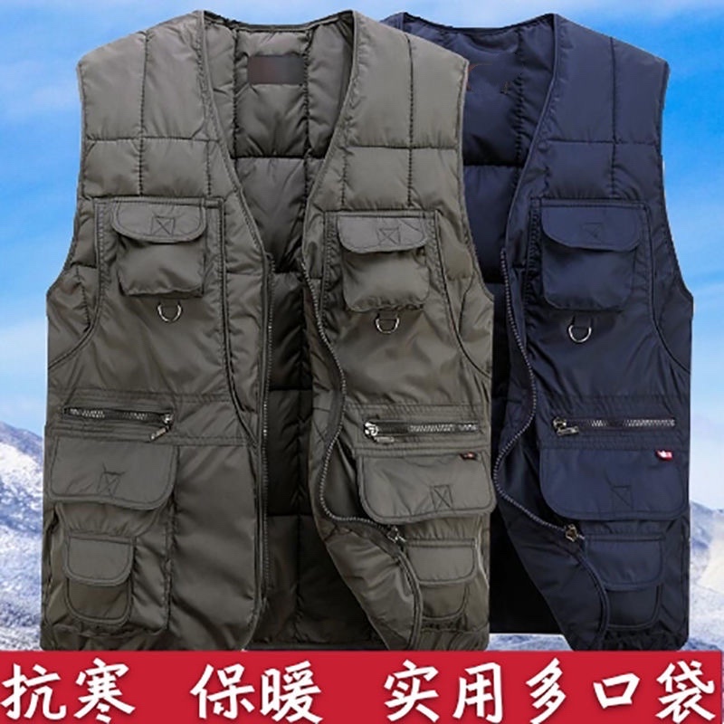 Middle aged down cotton waistcoat Autumn Winter Cotton Kan Shoulder Male Multi-Pocket Fishing Photography Cotton Vest Soft Thickened Waistcoat