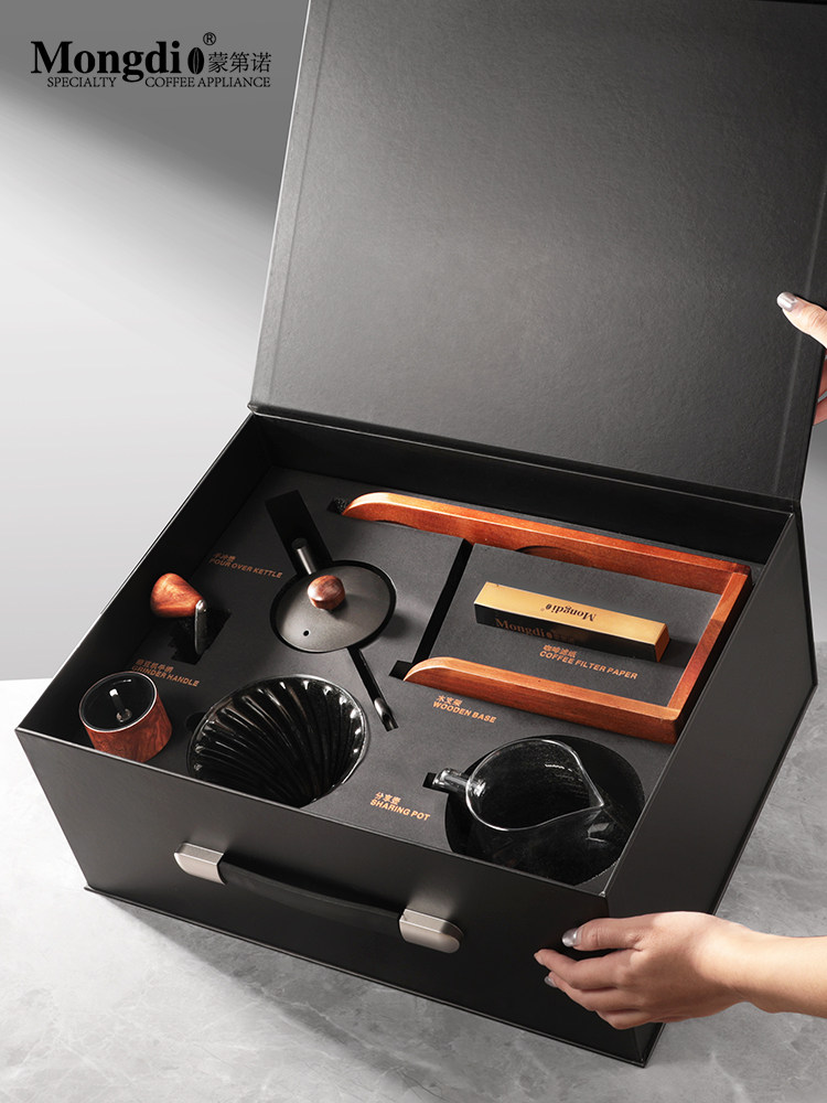 Mongdio Hand-Brewed Coffee Pot Set, Hand-Grind Coffee Machine, Wooden Stand, Storage Gift Box, Birthday Gift Complete Set