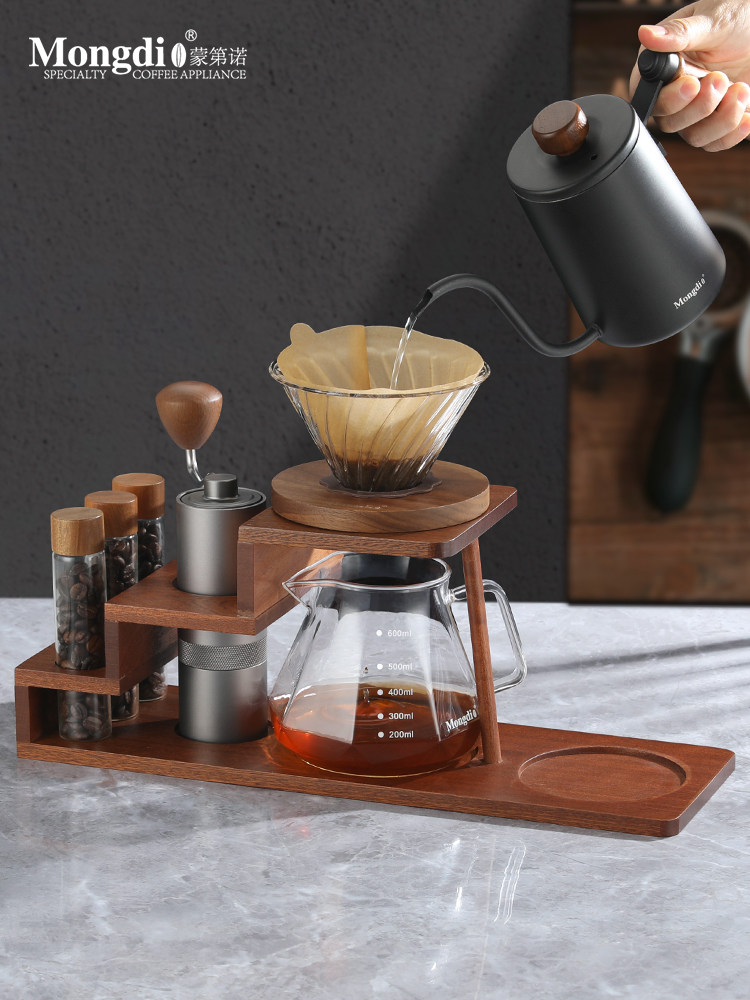 Mongdio Hand-Brewed Coffee Pot Set, Hand-Grind Coffee Machine, Hand-Cranked Storage Wooden Stand, Hand-Brewed Coffee Pot, Coffee Utensils