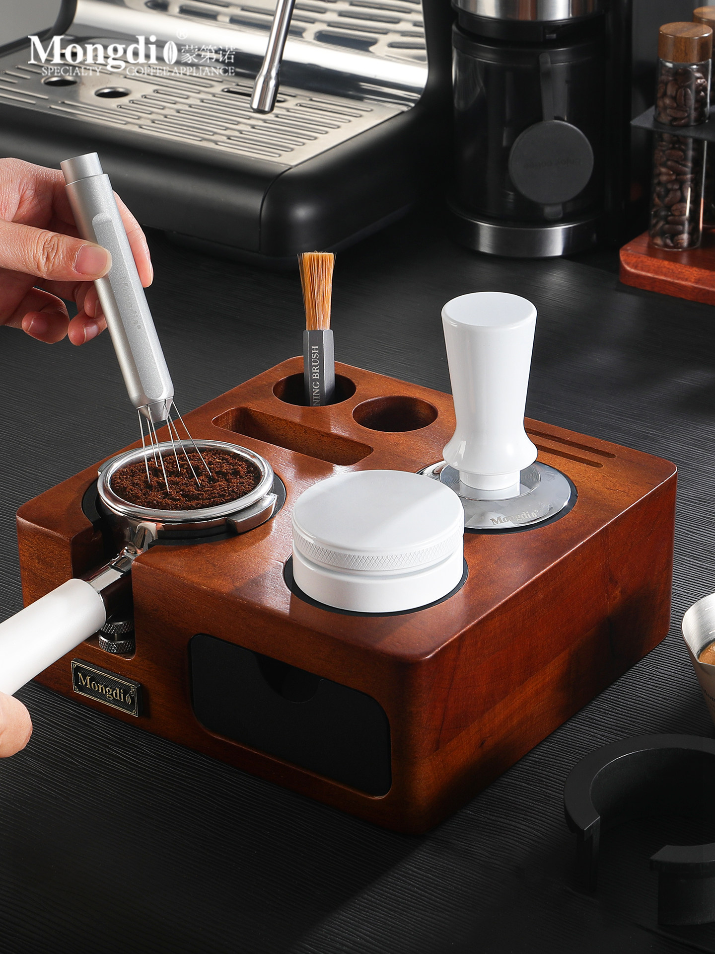 Mongdio Coffee Tamper Base, Powder Distributor, Tamper Three-Piece Set, Powder Hammer, Coffee Machine Accessories and Tools Complete Set