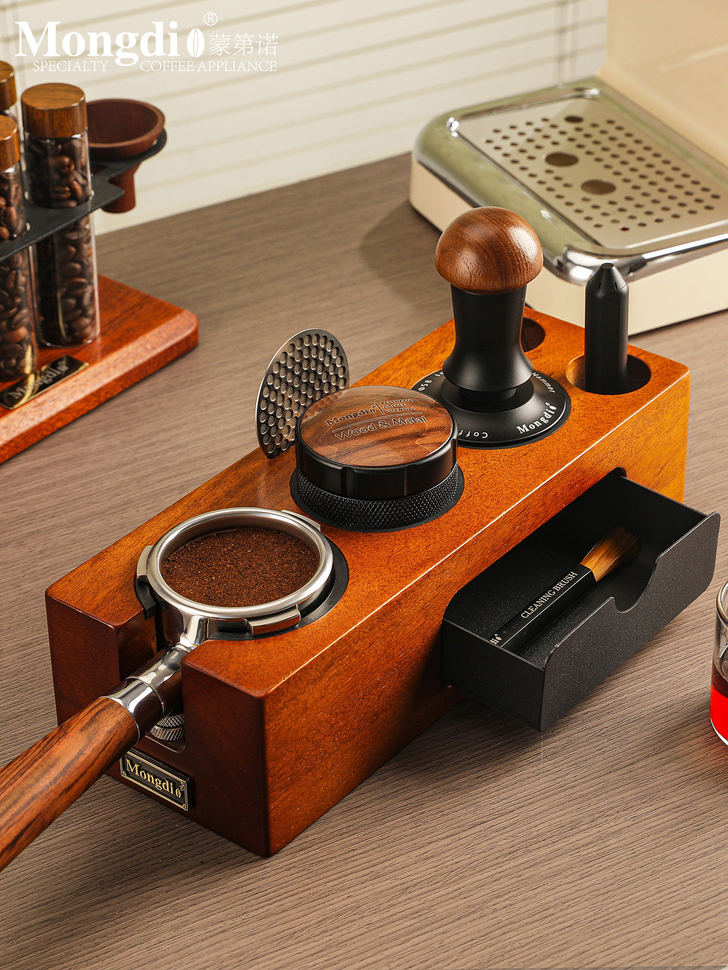 Mongdio Powder Distributor, Tamping Hammer, Walnut Wood Tamping Tool, Coffee Tamping Base Three-Piece Set, Coffee Machine Accessories