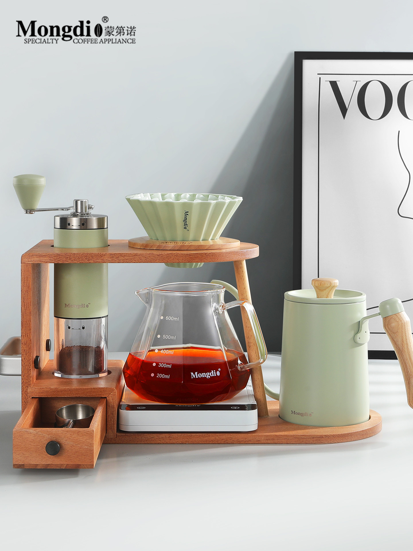Mongdio Hand-Brewed Coffee Set, Hand-Brewed Coffee Pot, Storage Stand, Hand-Grind Coffee Machine Tools, Complete Set