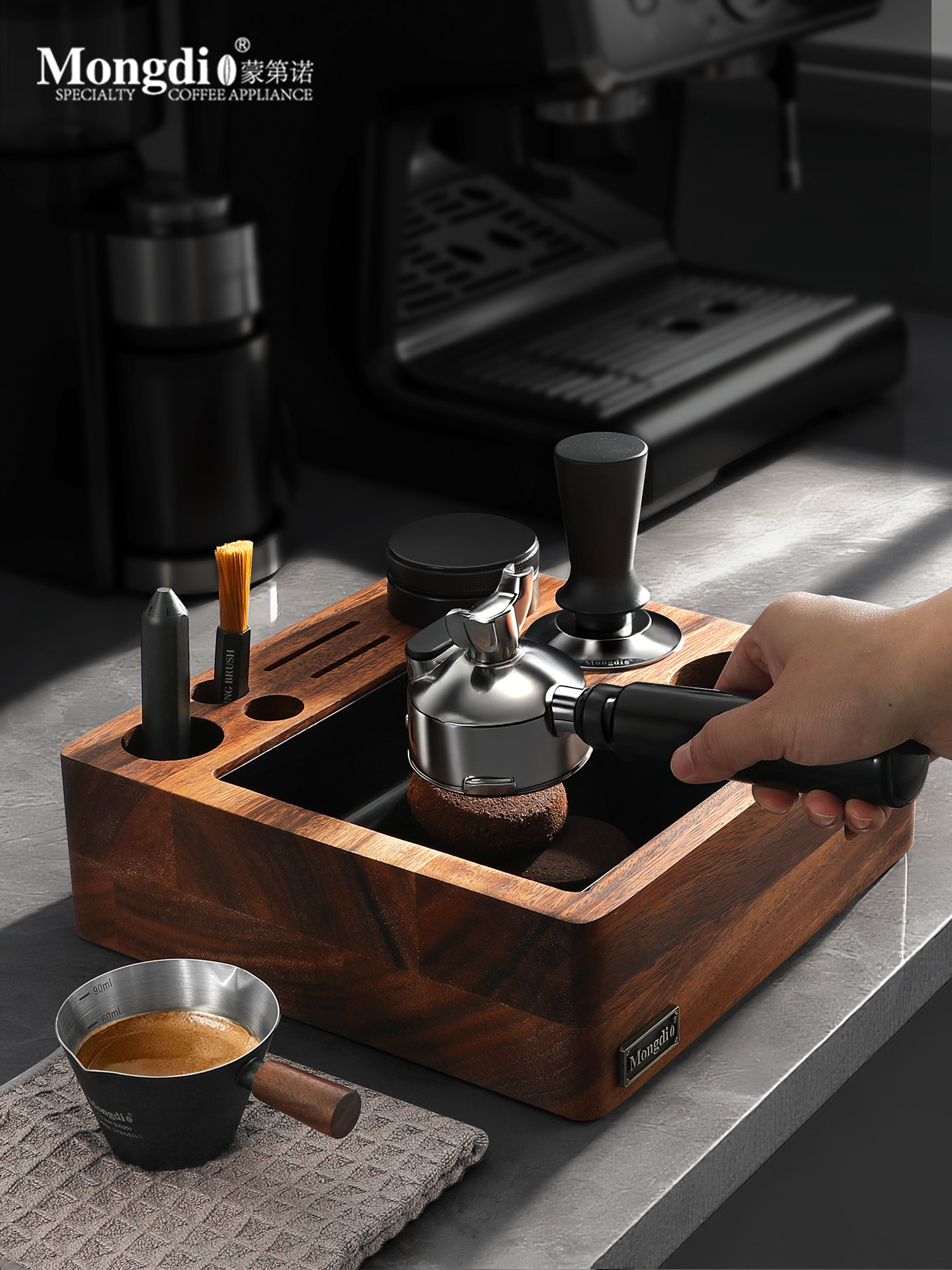 Mongdio Walnut Wood Coffee Tamper Base, Knock Box, Powder Distributor, Tamper Hammer Tool, Complete Set of Tamping Tools