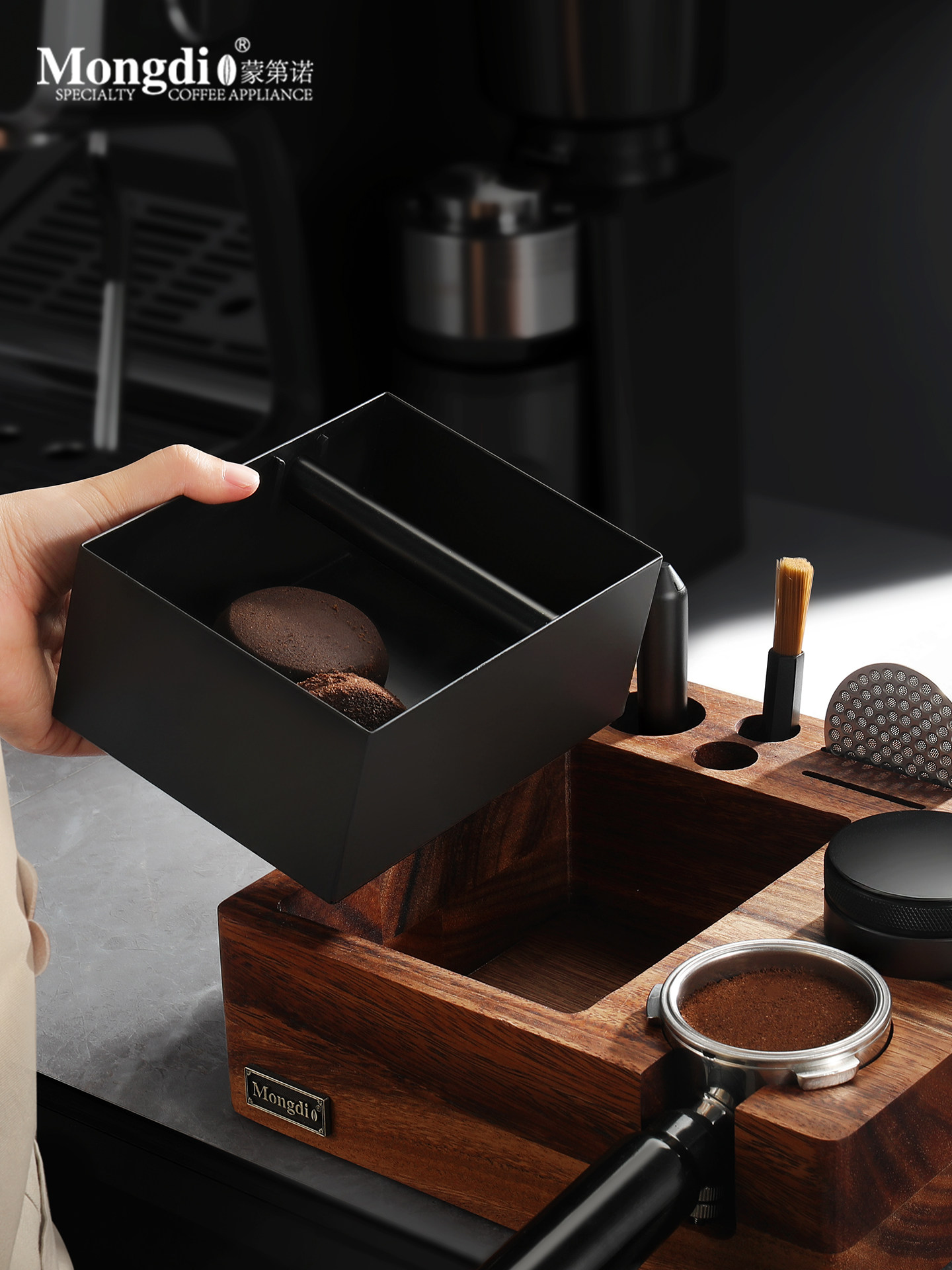 Mongdio Walnut Wood Coffee Tamper Base, Knock Box, Powder Distributor, Tamper Hammer Tool, Complete Set of Tamping Tools