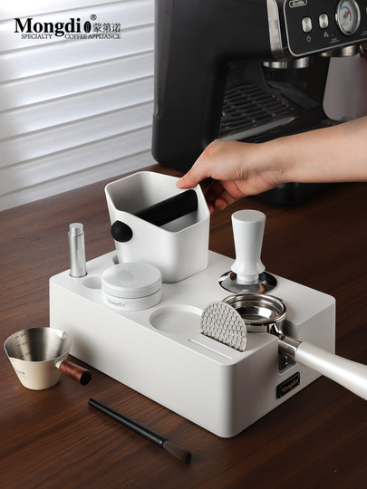 Mongdio Coffee Tamper with Integrated Base, Knock Box, Tamper Hammer, and Storage Tools Set