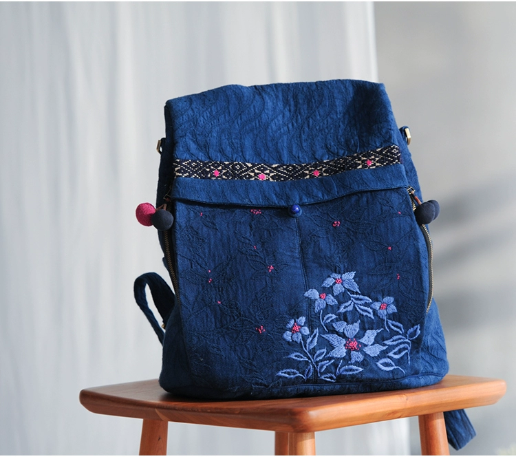 [Cánh diều] Hoa Moshang nở nguyên bản thời trang thanh lịch cotton cotton và ba lô vải lanh thêu cũ thêu tay - Ba lô