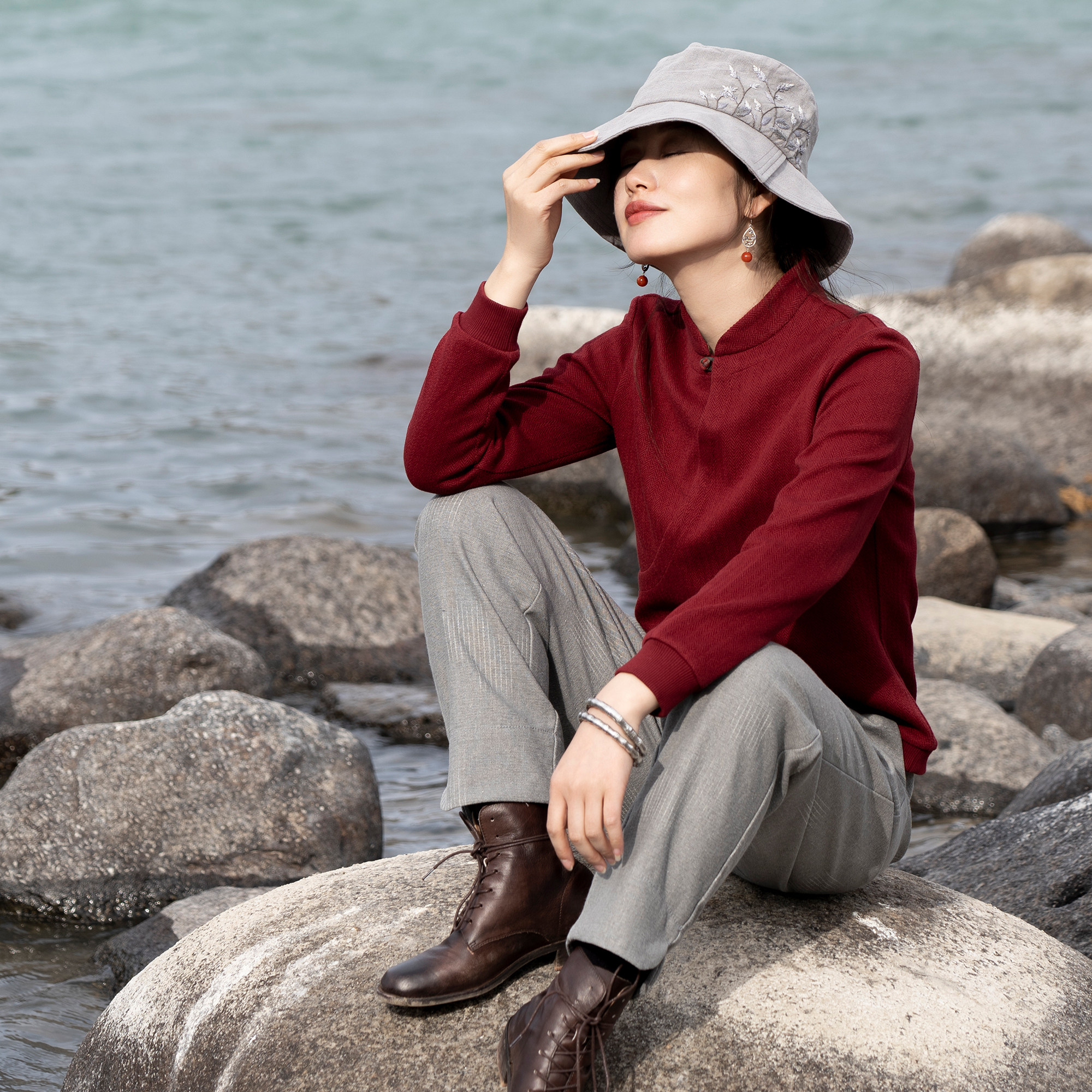 An all-you-can-go blue lapel (idle) cotton undercoat women's vintage sweater Joker long sleeve T-shirt jacket