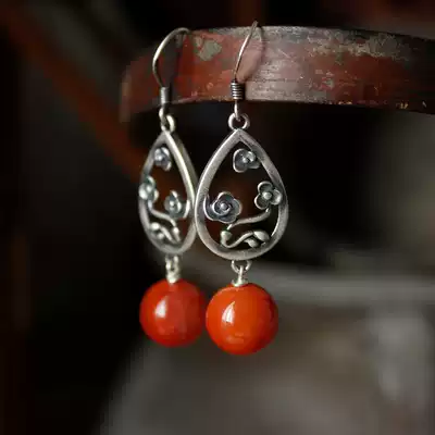 Moshang Poetry (Wodan) Snow Original Design Natural Southern Red Ear Drop Sterling Silver Chinese Style Vintage Wear Custom