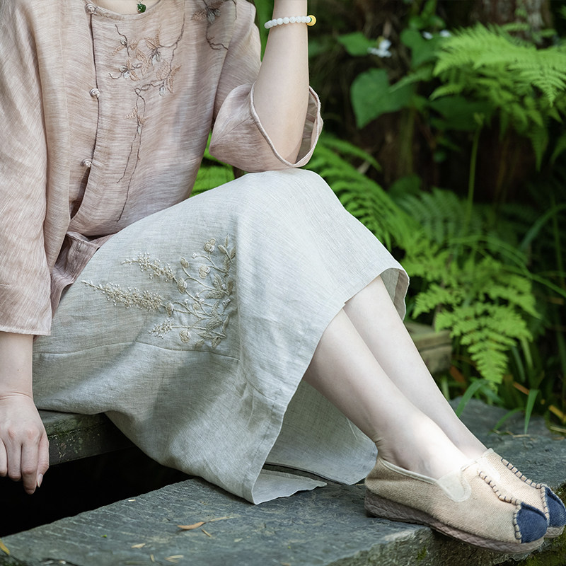 (Baiyunli) Moshang Blossom Original Short Skirt Female Han Hemp Half-length Skirt Mid-length Straight Hip Skirt