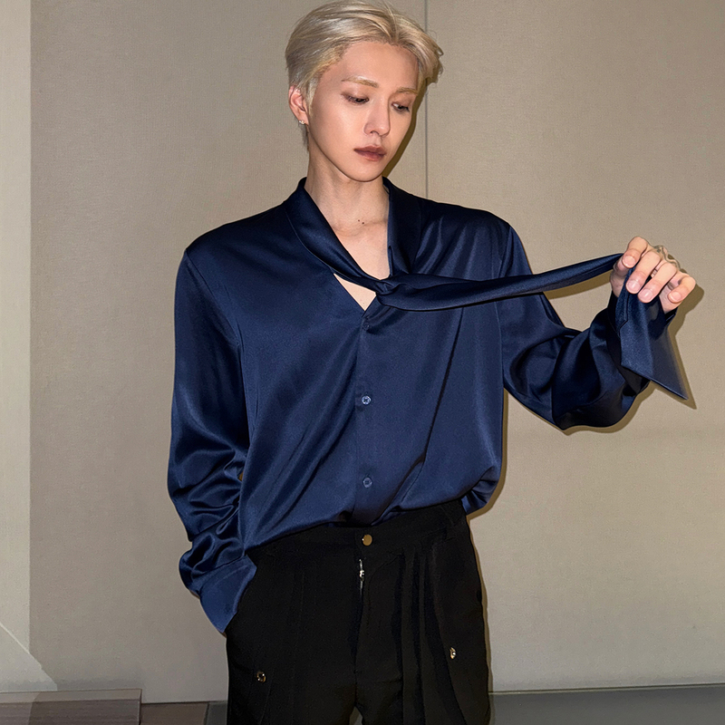 Men's Acetate Satin Ribbon Silk Shirt, Stylish and Cool Long-Sleeve Shirt for Hairstylists, Autumn