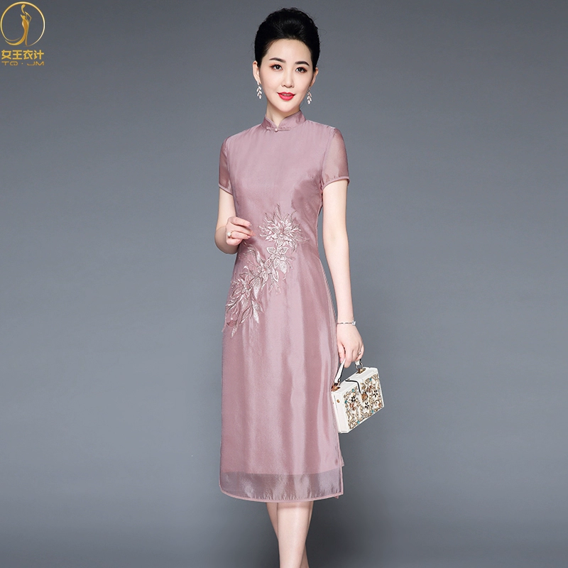 Mùa xuân và mùa hè mới của phụ nữ trung niên và cao tuổi tính khí thanh lịch váy tiệc cưới váy mẹ váy mẹ vợ hạnh phúc cải thiện sườn xám - váy đầm