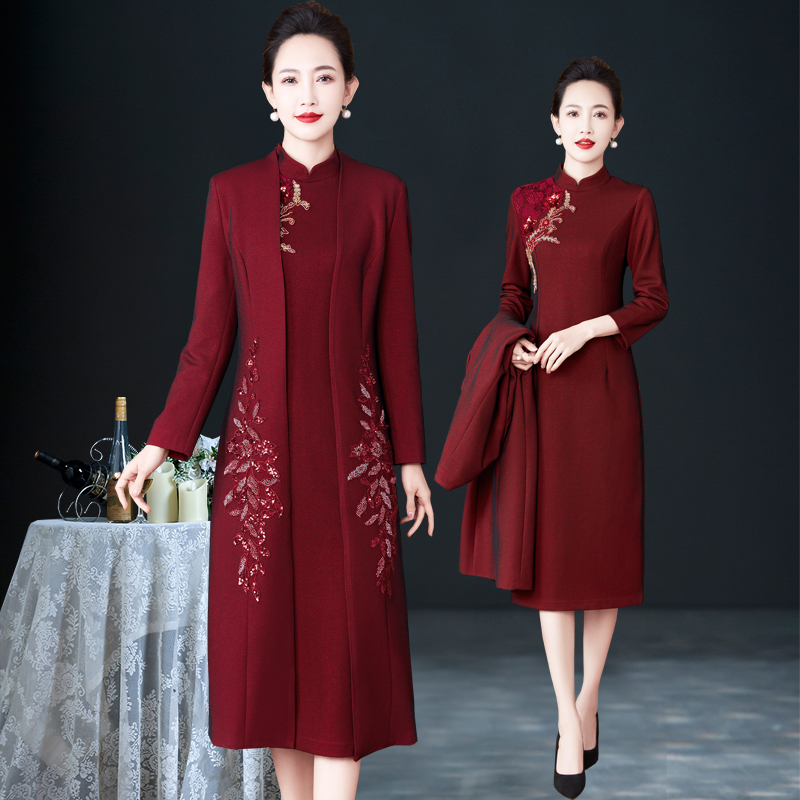 Autumn and Winter New Chinese-Style High-End Mother-Of-The-Bride Wedding Banquet Suit Dress Mid-Length Coat Wedding Mother's Dress Cheongsam