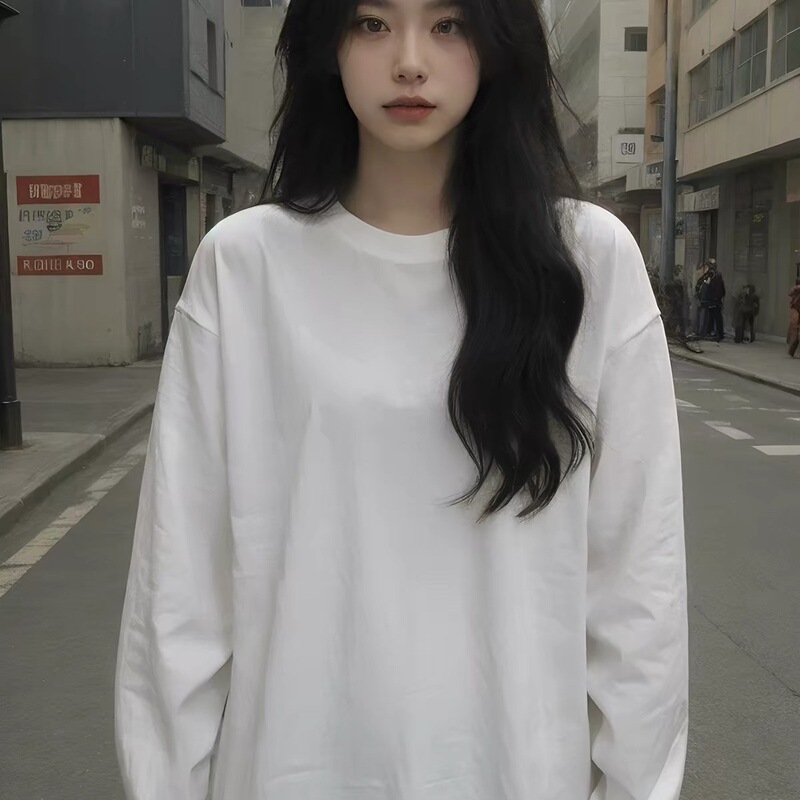 260g Heavyweight Round Neck Solid Color Long-Sleeve T-Shirt for Women, White Base Shirt, Loose Early Autumn Top, 2026 New Model