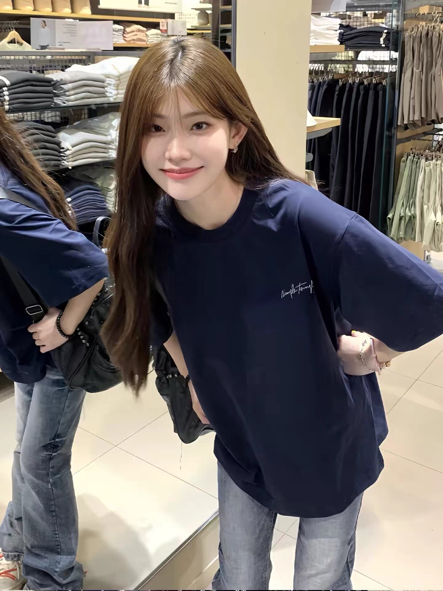 American-Style Navy Blue Pure Cotton Short-Sleeve T-Shirt for Women, 2026 New Design, Niche, Regular Shoulder, Loose Half-Sleeve Top for Summer