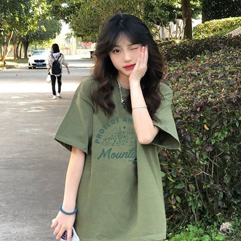 Avocado Green Pure Cotton Short-Sleeved T-Shirt for Women, Summer Loose Hong Kong Style Retro Chic Half-Sleeve Slimming Top, Couple Outfit