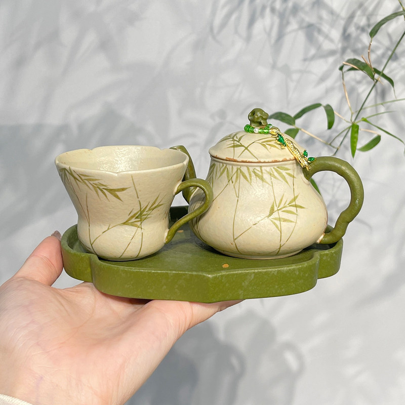 Jingzhe Ceramic Hand-Painted Green Bamboo Stone Teapot for One Person, Exquisite Kung Fu Tea Set for Office Workstation