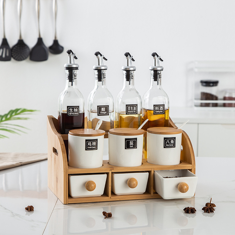 Nordic small fresh ceramic seasoning pot Drawer type glass oil bottle Oil pot Salt pot set Kitchen supplies storage box