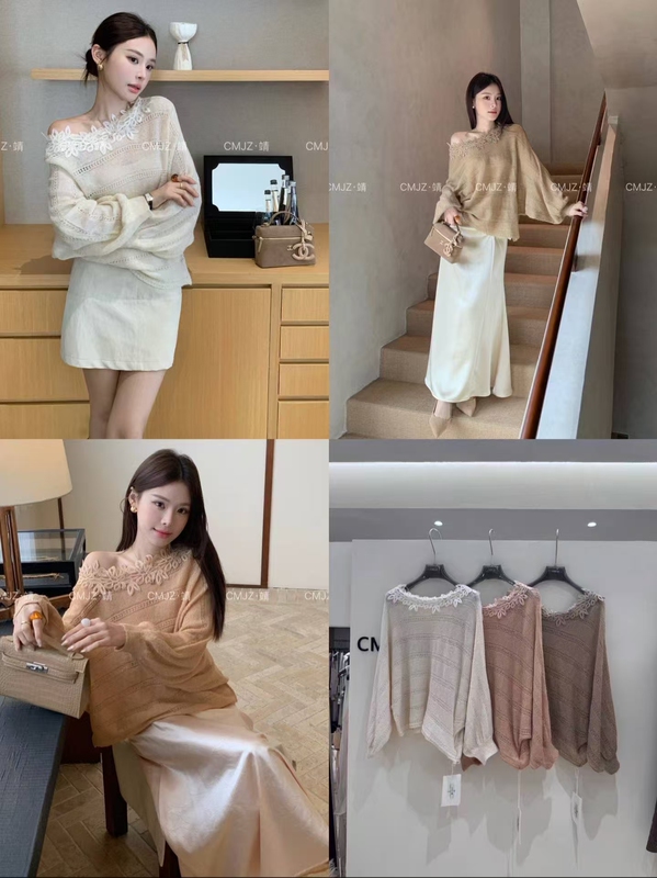 Zuo Zhi Jia 626773 Autumn New Style Elegant Lace Trim Off-Shoulder Hollow Out Top Blouse Women's Knitwear