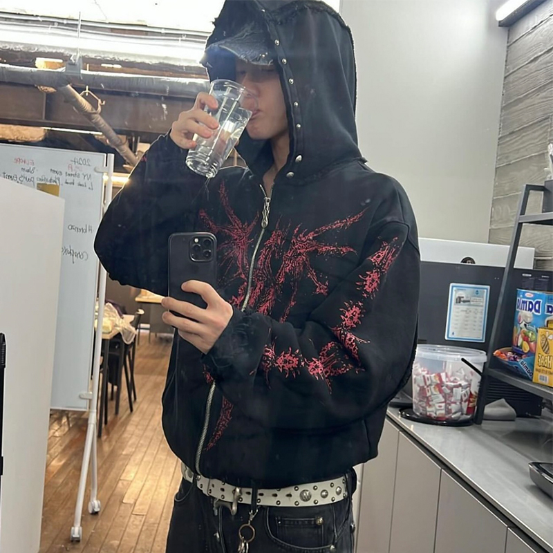 Thug Club Heavy-Duty Keel Devil Print Studded Distressed Loose Long-Sleeve Zip-Up Hoodie Sweatshirt Jacket