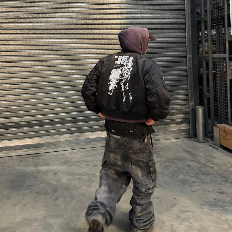 17stu far archive faded & distressed printed flight jacket: retro