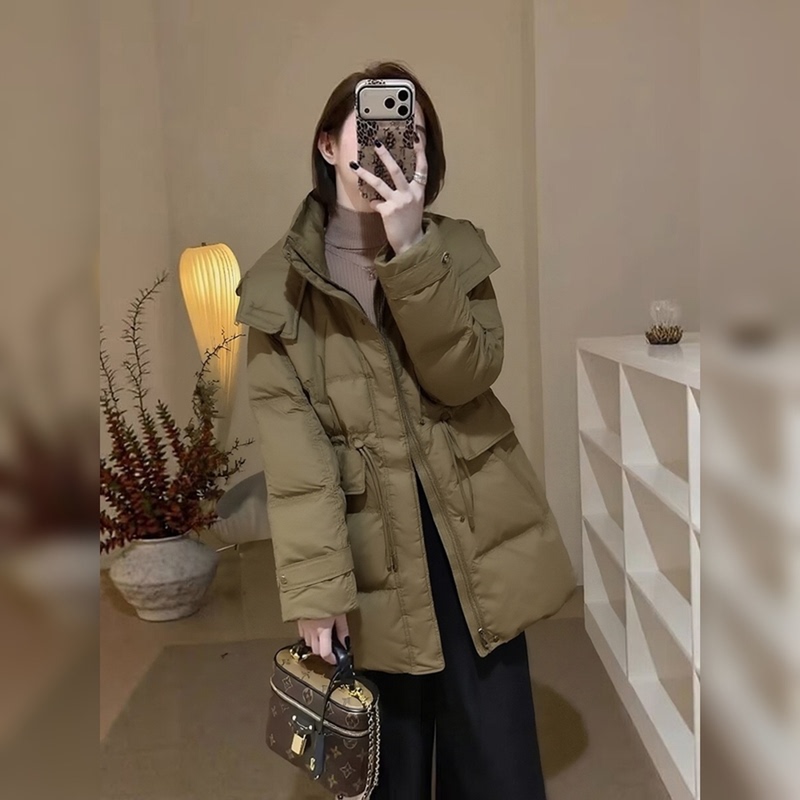 Retro Old Money Style Drawstring Waist Hooded down Jacket for Women, Winter 2025 New Model with Pocket Design, Warm Coat