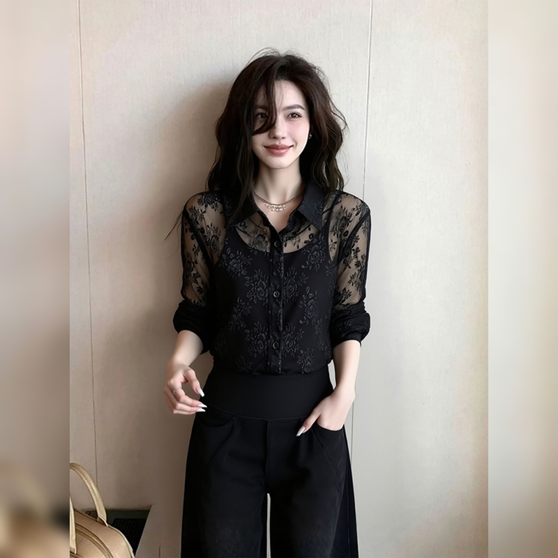Unique and Beautiful Black See-Through Lace Lapel Shirt for Women, New Spring and Summer Style, Niche and Non-Repetitive, Elegant and Suitable for Work