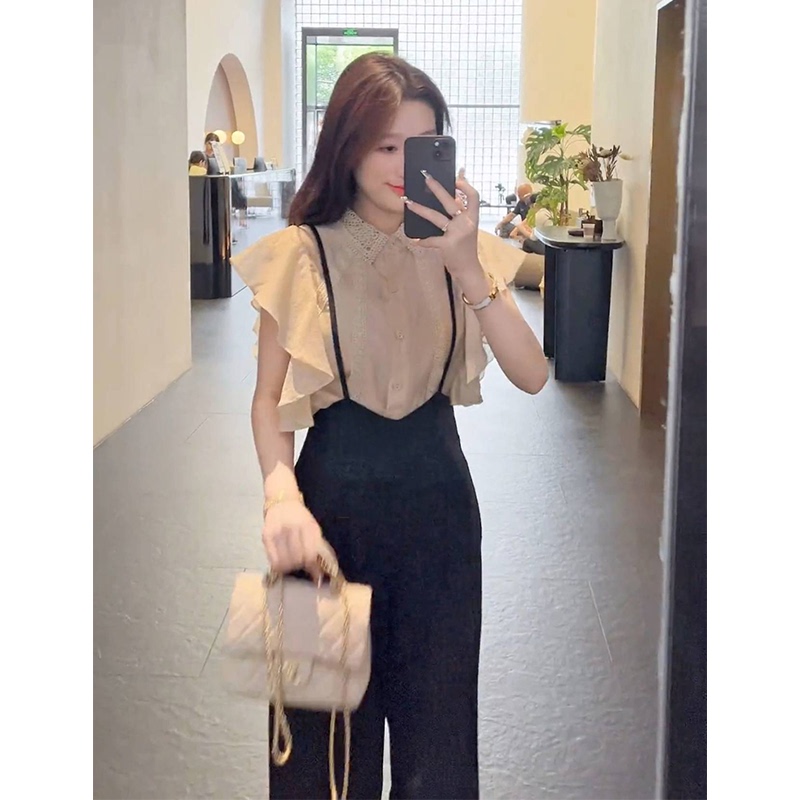 This Year's Trendy and Beautiful Summer Outfits Include a Complete Set of Fashionable Chanel-Style Shirts, Suspenders, and Wide-Leg Pants Two-Piece Suits for Women