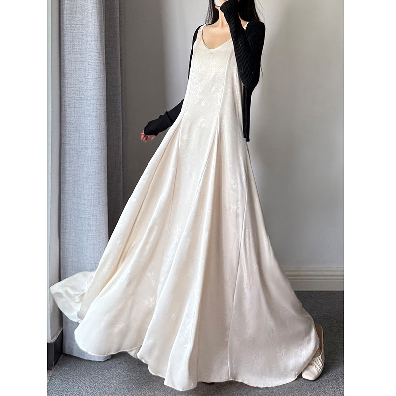 New Chinese-Style Textured Printed Satin Slip Dress with Irregular Hem and Extended Length to the Ankle