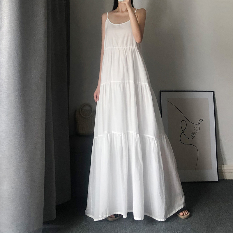 White Spaghetti Strap Dress for Women, Summer Long Version, Cotton and Linen, Super Fairy-Like, Ankle-Length Dress, Loose A-Line Dress, Large Hem Dress