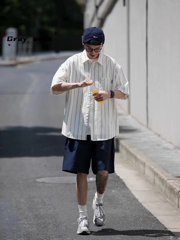 Japanese Retro Cityboy White Striped Short-Sleeve Shirt Unisex Salt-Style Loose Half-Sleeve Shirt Jacket
