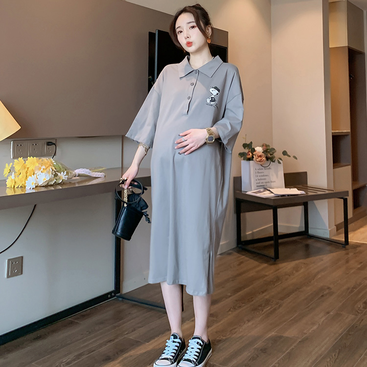 Amni maternity dress~Korean version of simple POLO collar short sleeve cotton printed top skirt summer summer dress