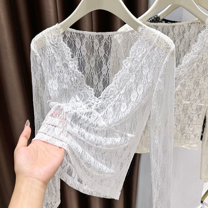 Plus Size V-Neck Lace Base Shirt for Women, Thin Hollow-Out See-Through Slimming Long-Sleeve Mesh T-Shirt Top for Fat Women