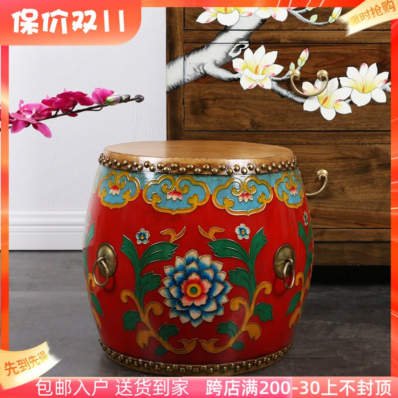 Creative Chinese pastoral painted drum stool solid wood cowhide old stool change shoe stool makeup chair fashion round stool low stool