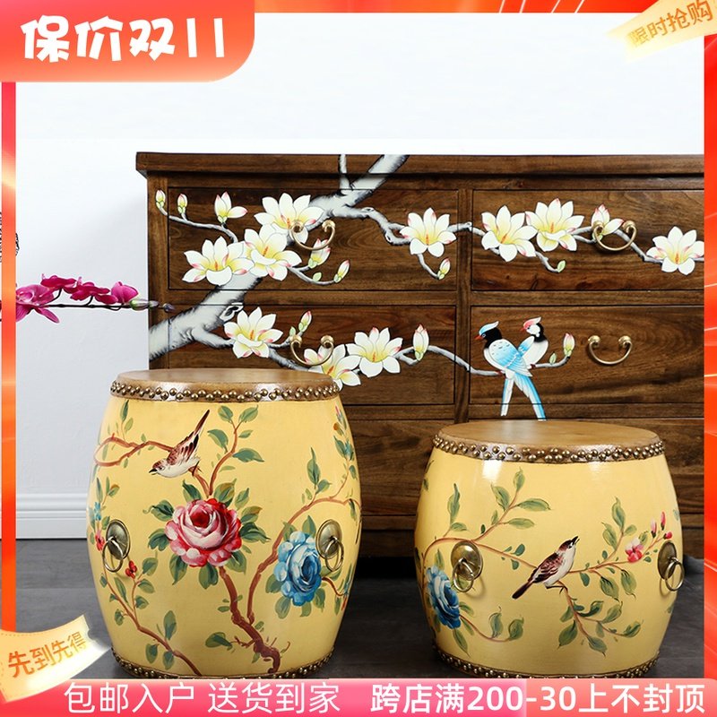 New Chinese style creative solid wood fashion leather painted drum stool changing shoe stool sofa living room children round low stool