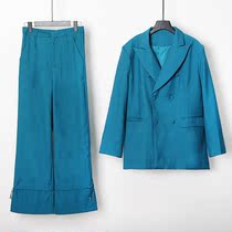 2021 spring and summer blue Two sets in long style Lazy Wind Suit Jacket Straight Barrel Broadlegged Pure Western-style Pants Woman