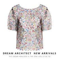  Girly bubble sleeves pastoral floral round neck shirt female design sense niche thin all-match summer short top