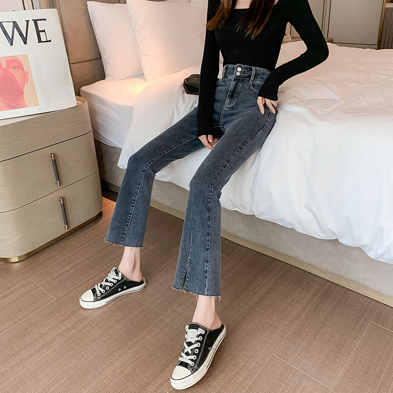 2021 Spring Autumn New Micro Horn Jeans Woman Straight Drum Loose Open Fork High Waist Display Slim Fit 90% Pants Bifurcation