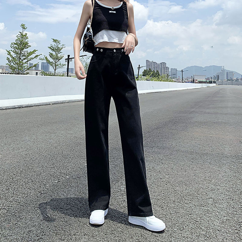 Adjustable high-waisted wide-leg jeans women's straight-leg loose all-match thin and sagging 2021 spring and summer Hyunya floor mopping pants